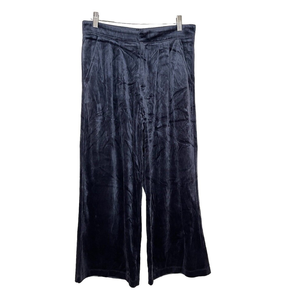 Juicy Women's Medium Velour Trouser Pants Pleated Wide Leg Pockets Navy Blue
